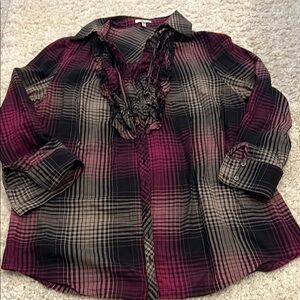 Joie Fuchsia and Black plaid Ruffled Blouse with 3/4 Sleeves and Notched Collar